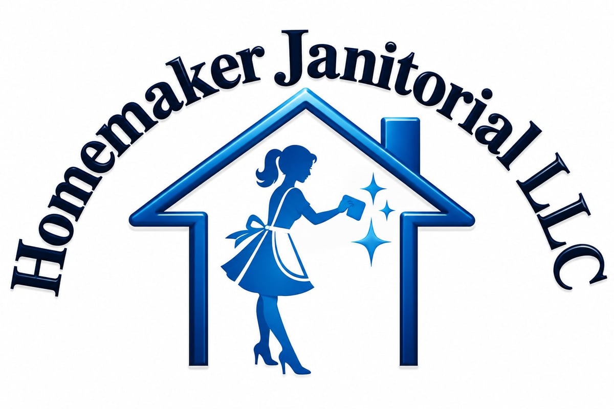 Homemaker Janitorial LLC logo featuring a silhouette of a woman cleaning inside a blue house outline