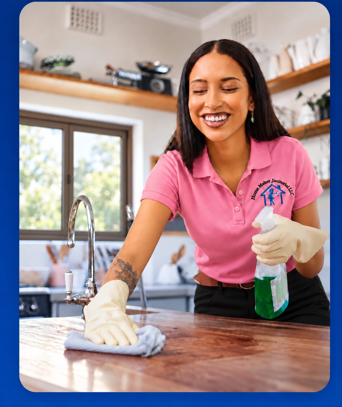 Woman in pink polo shirt cleaning kitchen counter with cloth and spray bottle, smiling in modern kitchen with wooden cabinets