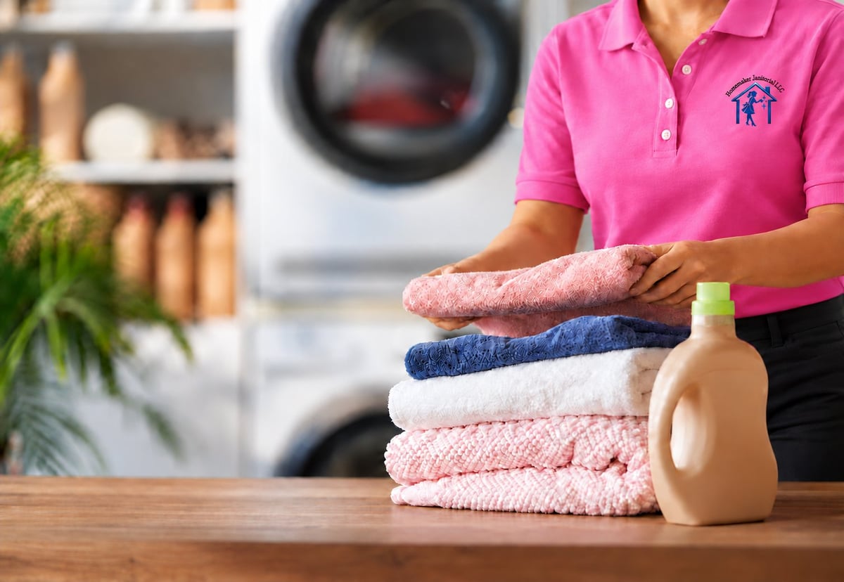 Person in pink uniform holding folded laundry with detergent bottle on wooden table, washing machine in background